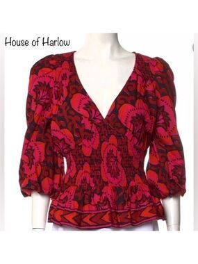 House of Harlow 1960 Nicole Richie Pink Floral Ballon Sleeve Smocked Blouse SM